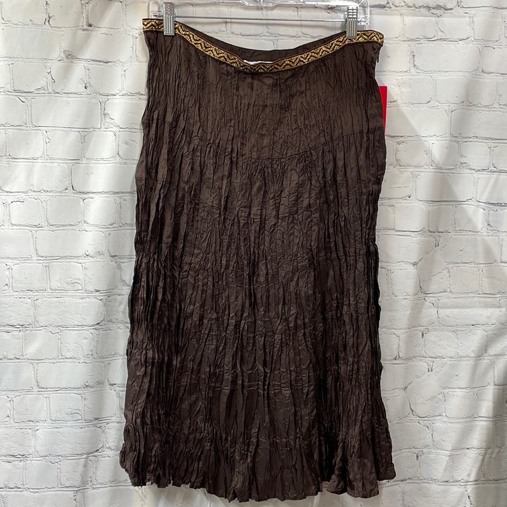 Clues Collection vintage crinkle pleated brown skirt boho gold ribbon trim 8